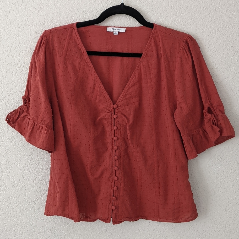 madewell 12 button up cotton texture clay colored v neck blouse